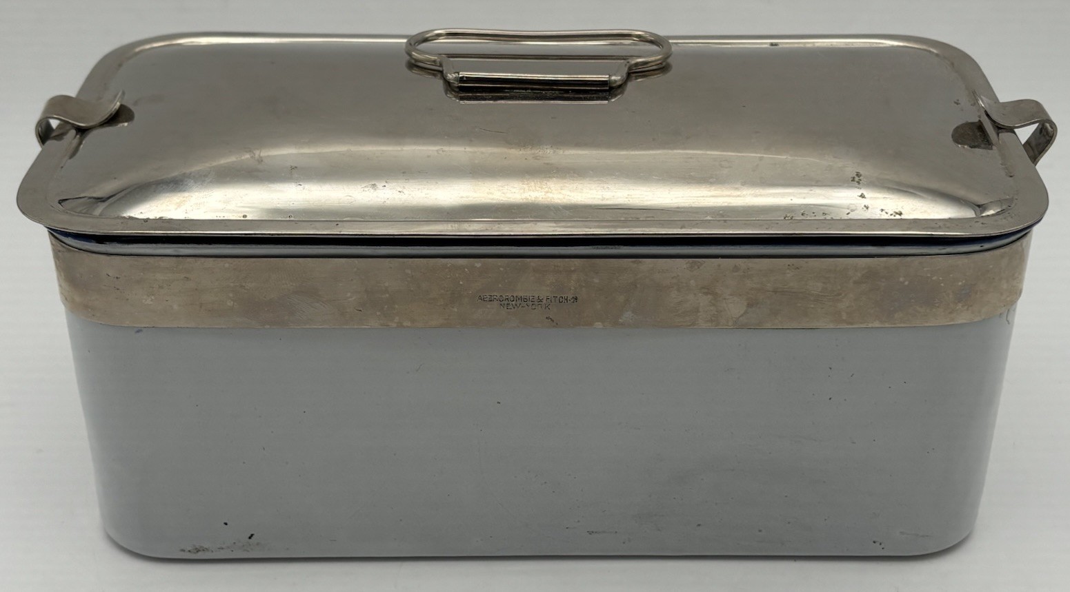 Rare 1920s Abercrombie & Fitch Enamelware Stainless Steel Picnic Container/Tin