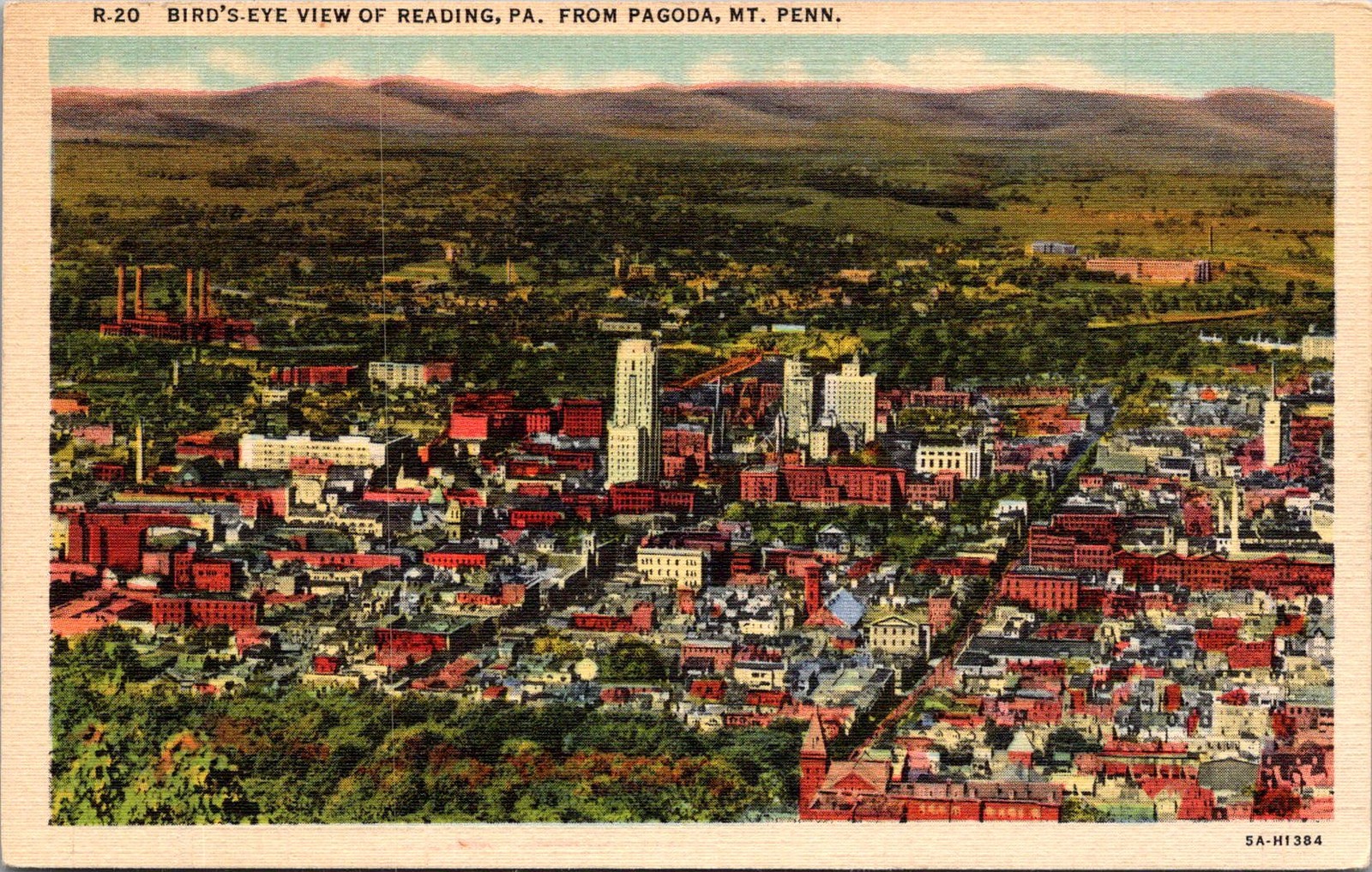 1941 Reading PA Bird's-Eye View from Pagoda Mt Penn Vintage Postcard 4P23-11