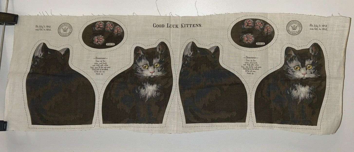 Antique 1892 Arnold Print Works Original GOOD LUCK KITTENS Cat Linen Fabric Panl