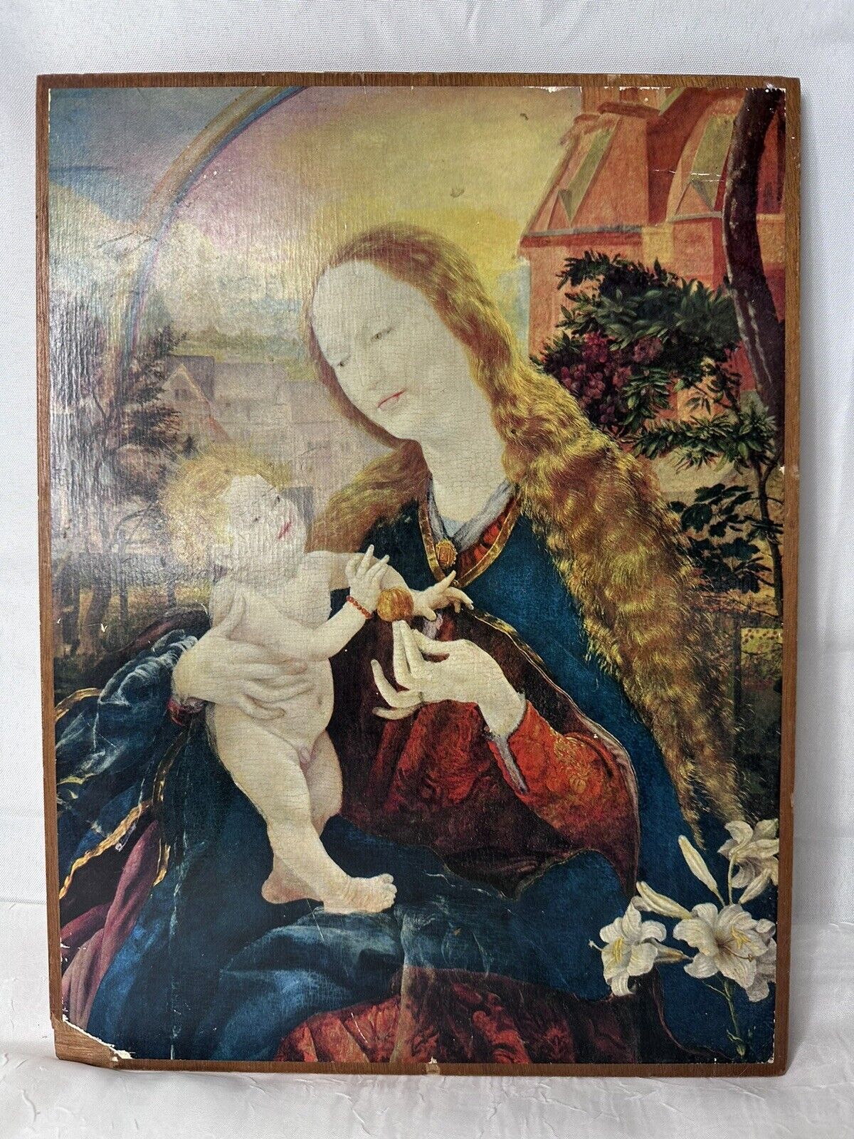 Vtg Stuppacher German Madonna and Child Icon Print on Wood Lg 13x10 MCM Religion