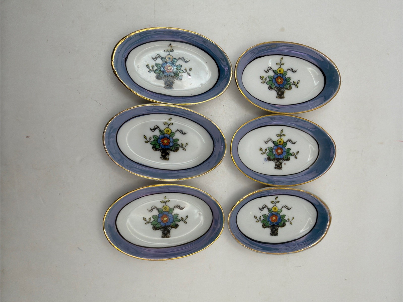 6 Antique Nippon Hand Painted Porcelain Butter Pats Salt Cellars Blue Lusterware