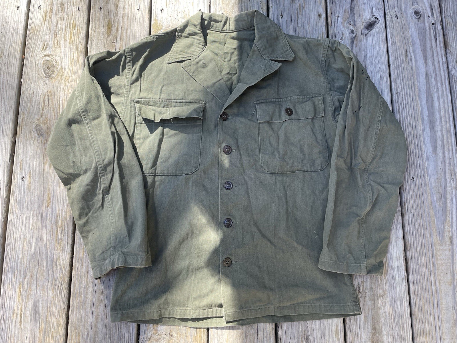 Vintage 1940s 1950s US Army M-1947 HBT Herringbone Twill Utility Fatigue Shirt