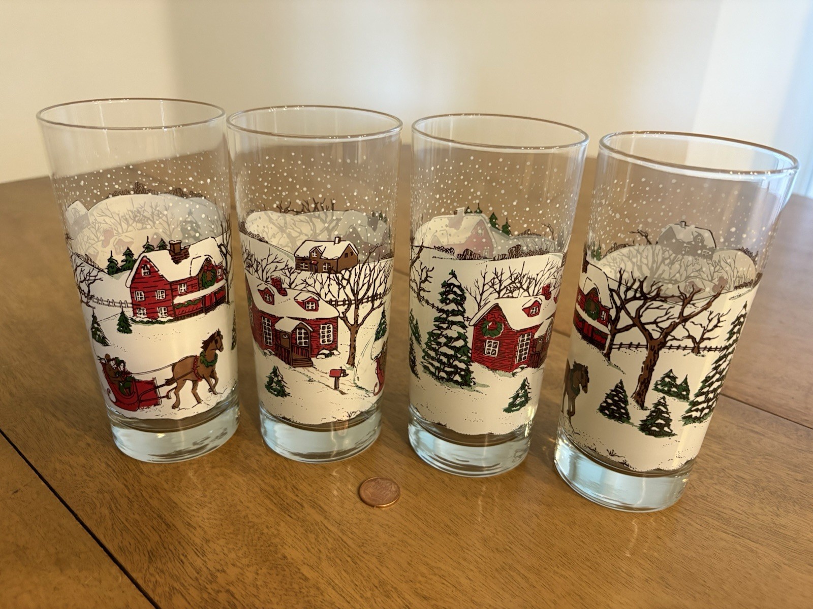 4 Vtg MCM Libbey Winter Village Glass Tumblers Barn Horse Sleigh Retro Holiday