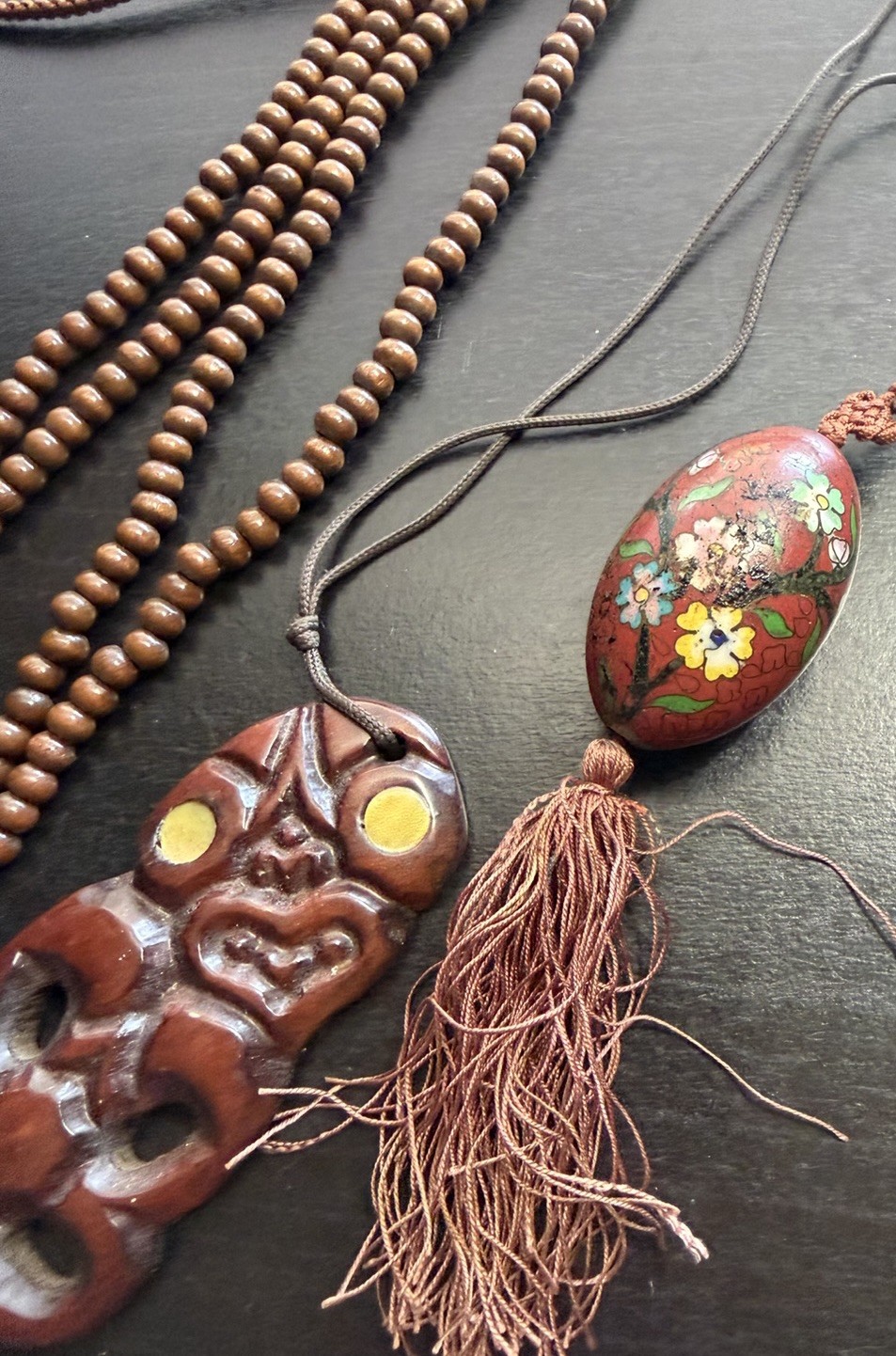 Vintage Global Folk Jewelry Lot Māori Carved Tiki Pendant Painted Lacquer Tassel