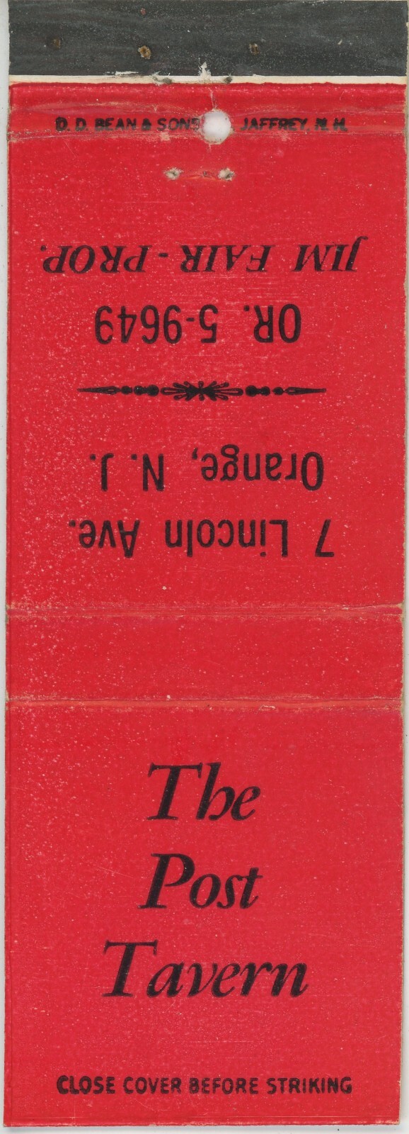 Post Tavern Jim Fair 7 Lincoln Ave Orange NJ Antq Matchbook Cover D-6