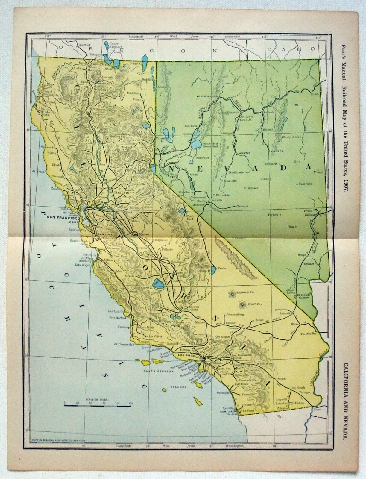 California & Nevada - Original 1907 Railroad Map. Antique