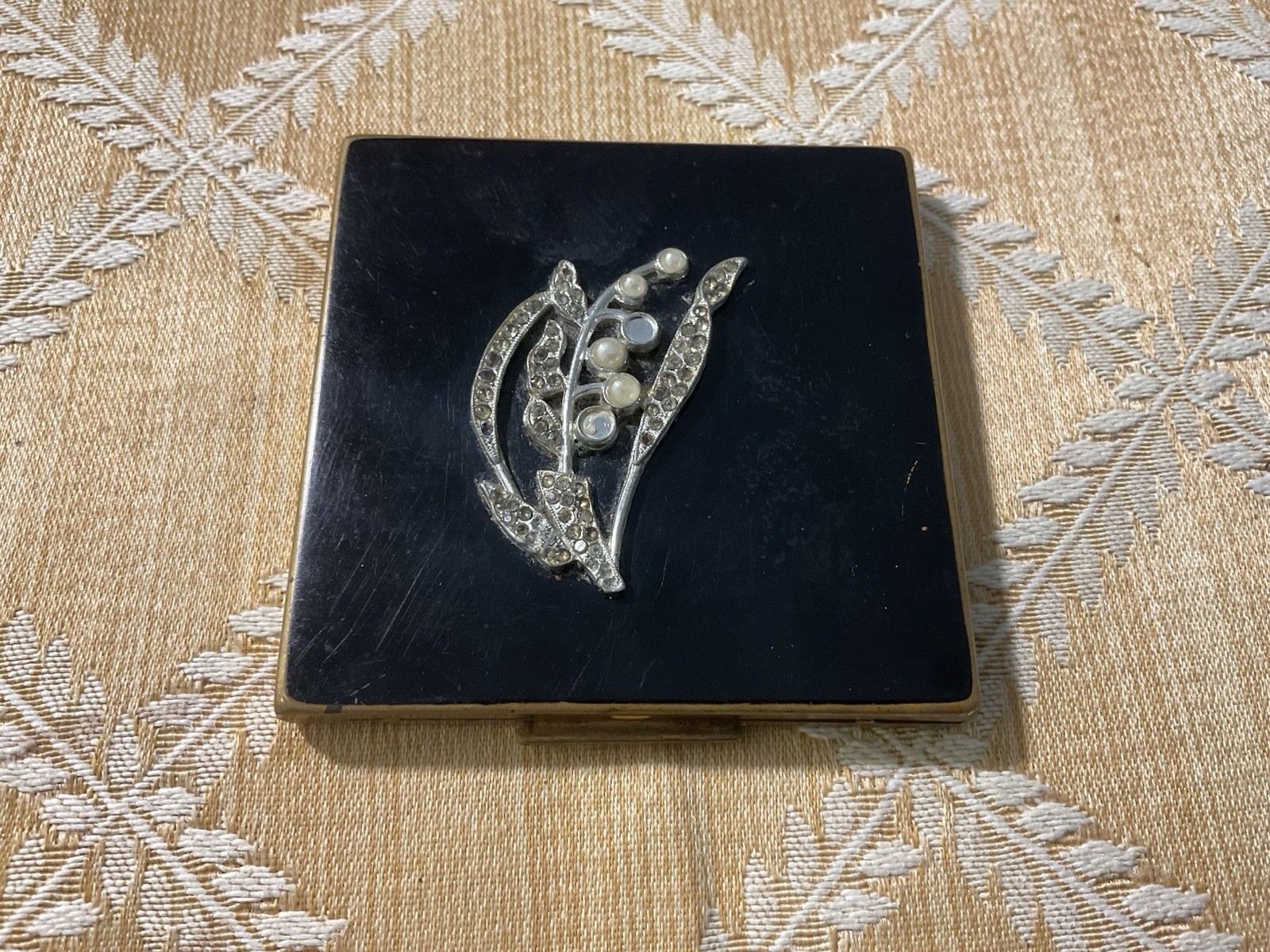 Vintage Shields Ladies Compact Mirror Rhinestone Faux Pearl Floral Powder Case