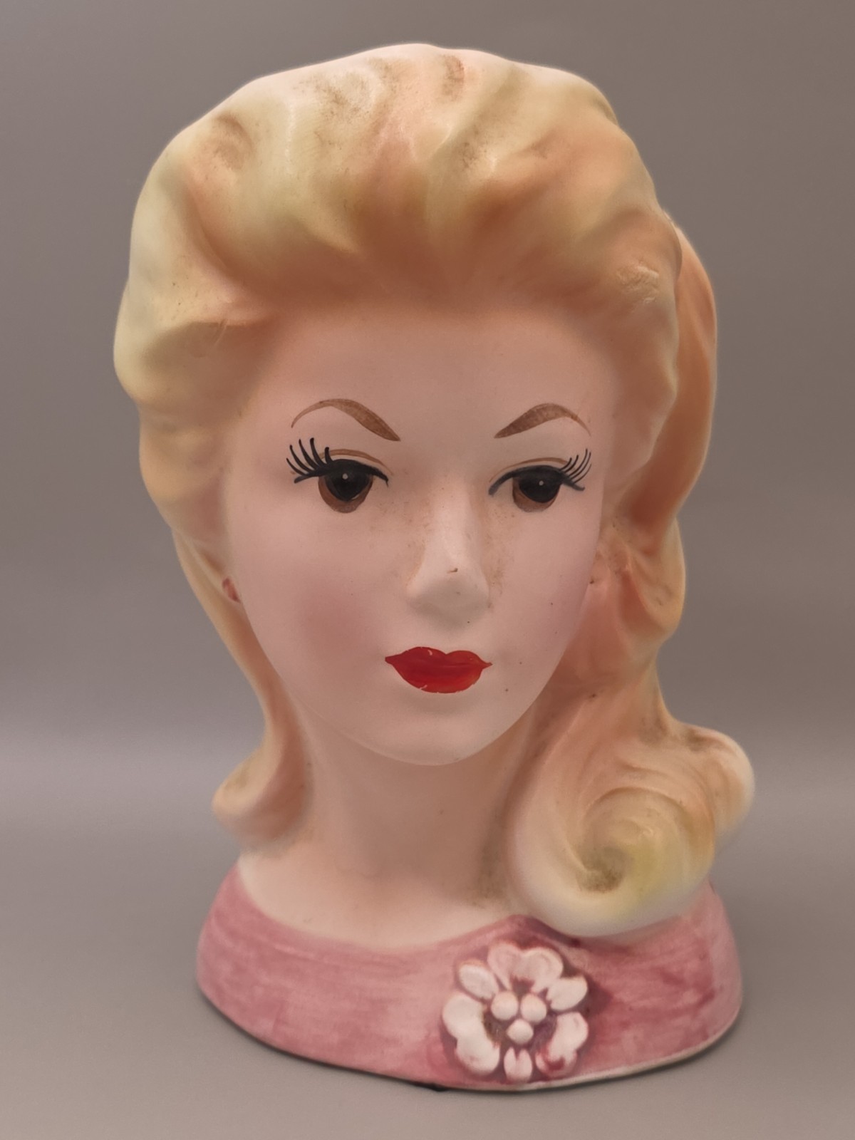 Vintage Rubens  Original Lady Head Vase Blonde w Pink Dress 