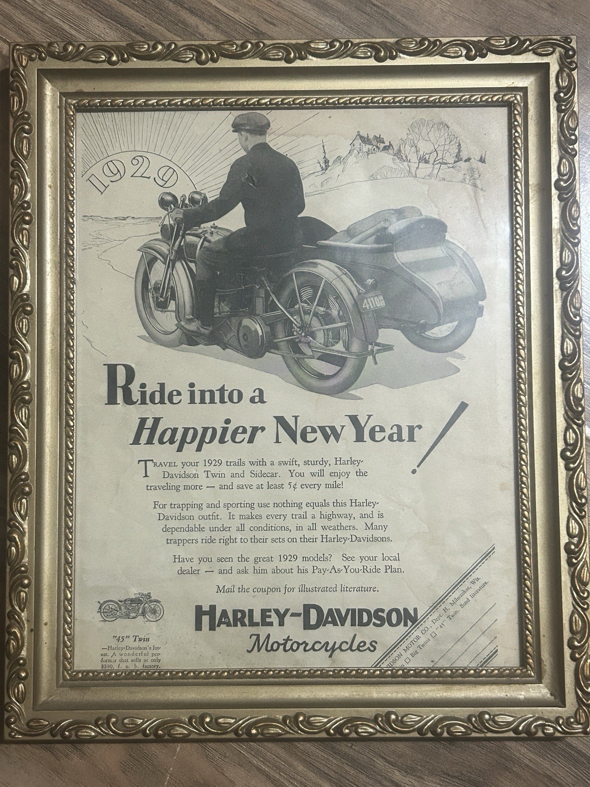 Original 1929 Harley-Davidson Motorcycle Twin Sidecar Framed Vintage Print Ad Original 1929 Harley-Davidson Motorcycle Twin Sidecar Framed Vintage Print Ad