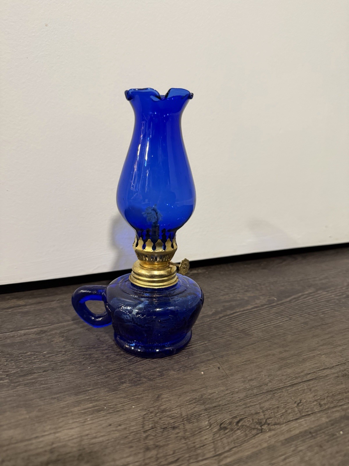 Vintage Cobalt Blue Miniature Finger Oil Lamp With Box
