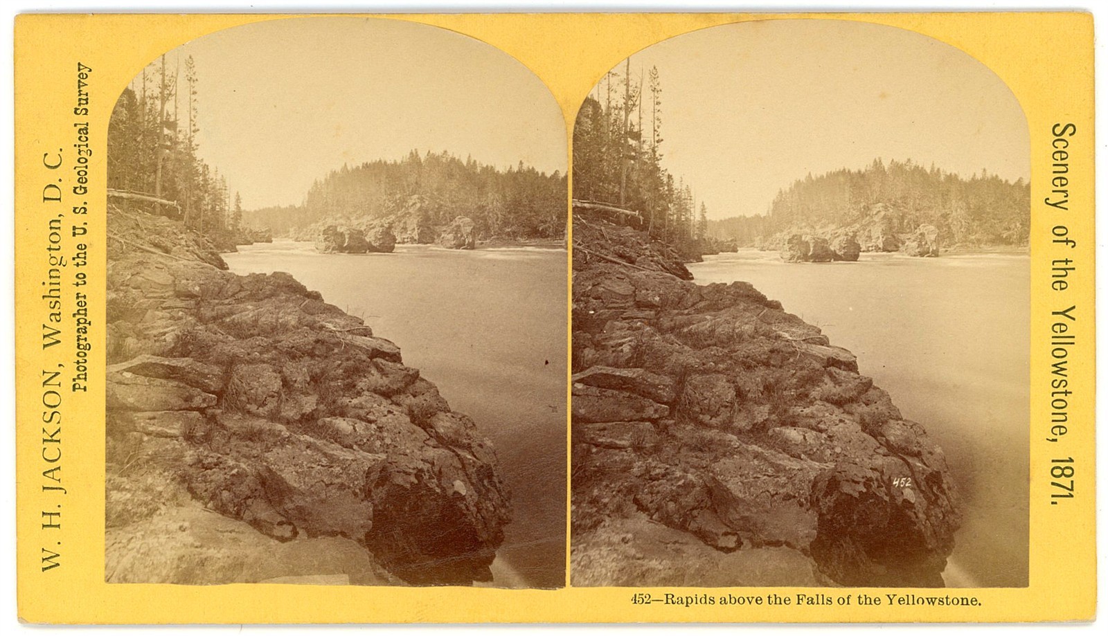 YELLOWSTONE STEREOVIEW - Rapids above Upper Falls - WH Jackson c1871