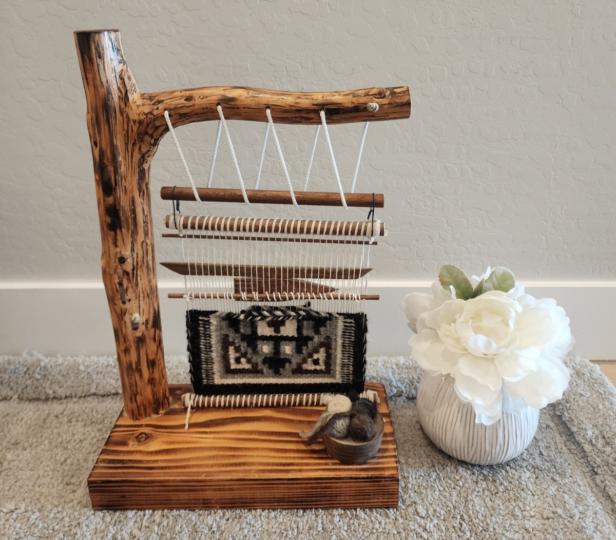 Navajo Rug Weaving Loom Sculpture Features a Mini Two Grey Hills-Vercinda Begay Navajo Rug Weaving Loom Sculpture Features a Mini Two Grey Hills-Vercinda Begay