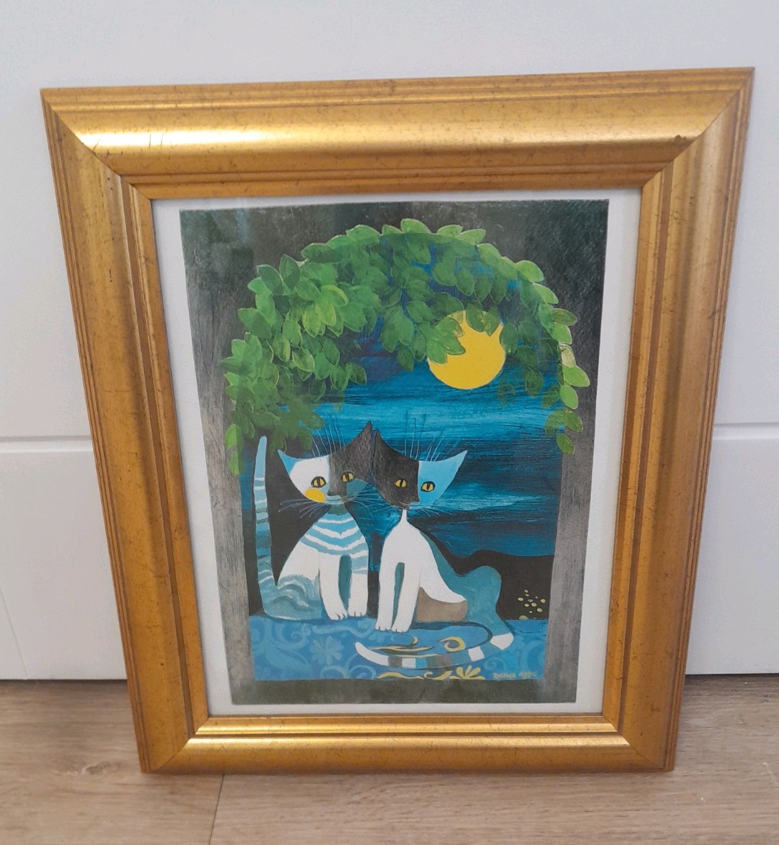 Vintage 90s Rosina Watchmeister Framed Cat Art Foil print \'Two Cats & The Moon\'