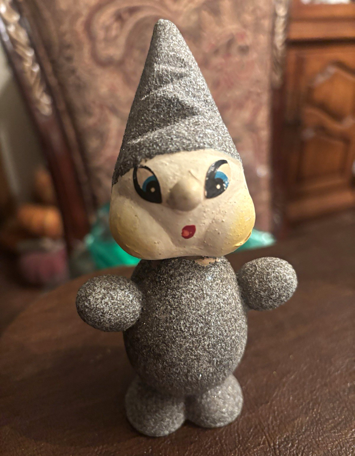 Vintage mid Century  Paper Mache  Mica Glitter Elf/Gnome Figurine 6”