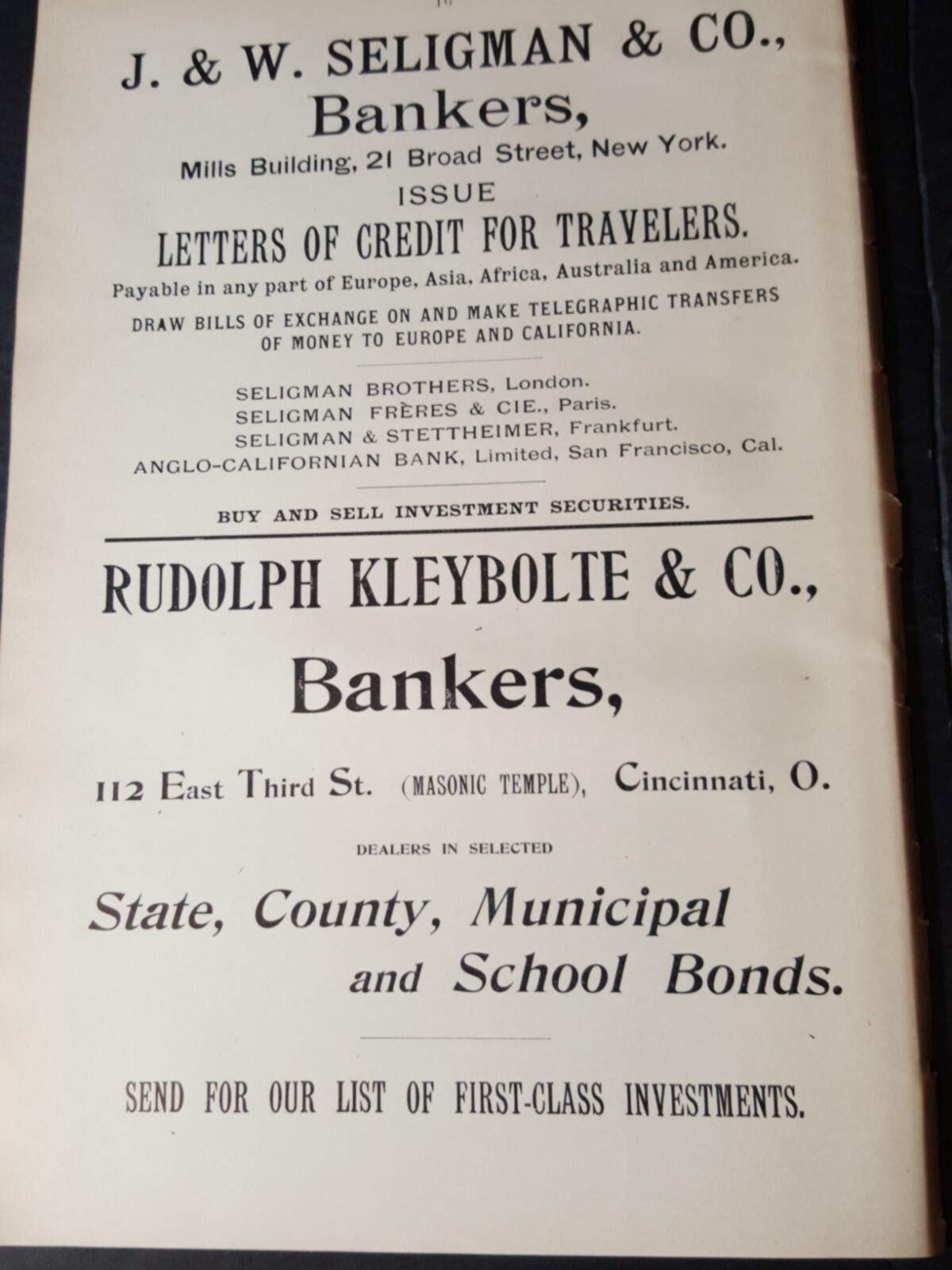 ◇ original 1896 print ad RUDOLPH  KLEYBOLTE & COMPANY BANKERS Cincinnati Ohio 