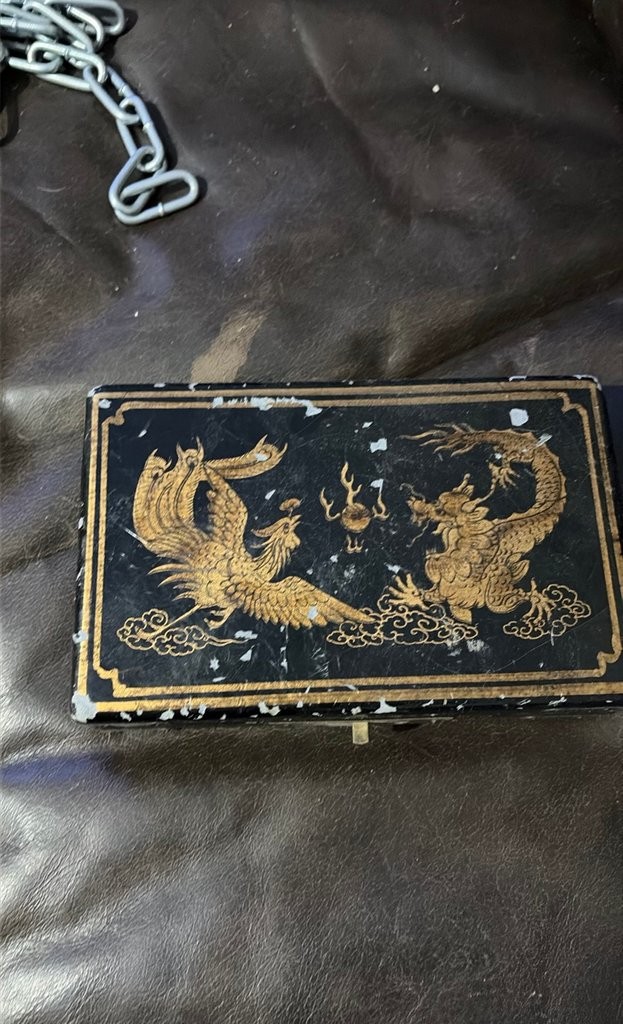 Vintage Chinese Dragon Phoenix Illustrated Booklet Box with Chain
