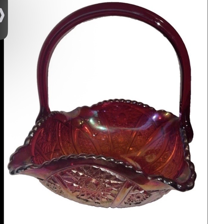 Vintage Fun Indiana Glass Iridescent Ruby Red Carnival Square Sawtooth Basket