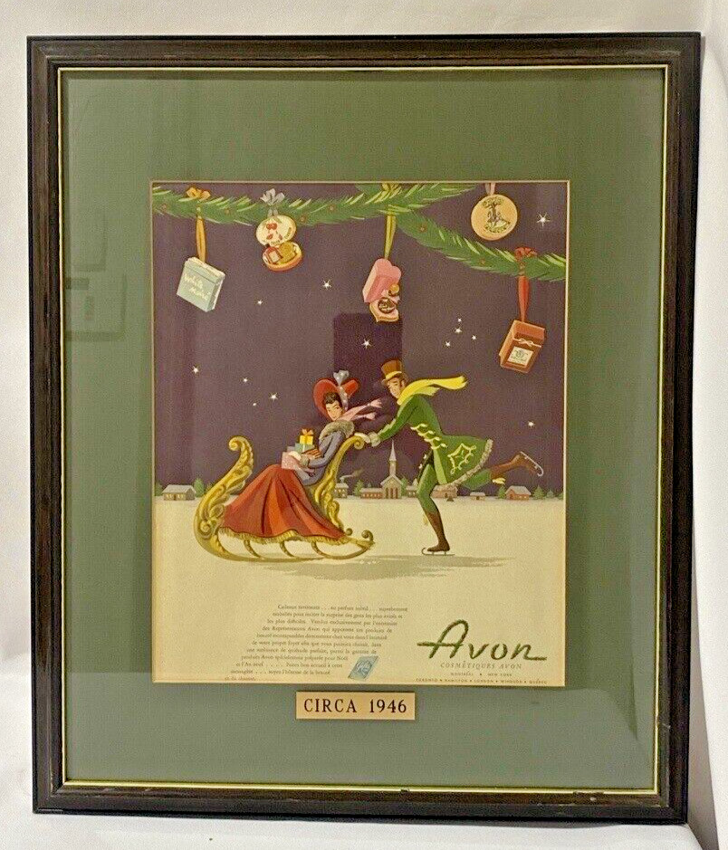 Avon Cosmetics Ice Skater Sled Bobri Art Ad Framed Circa 1946 RARE