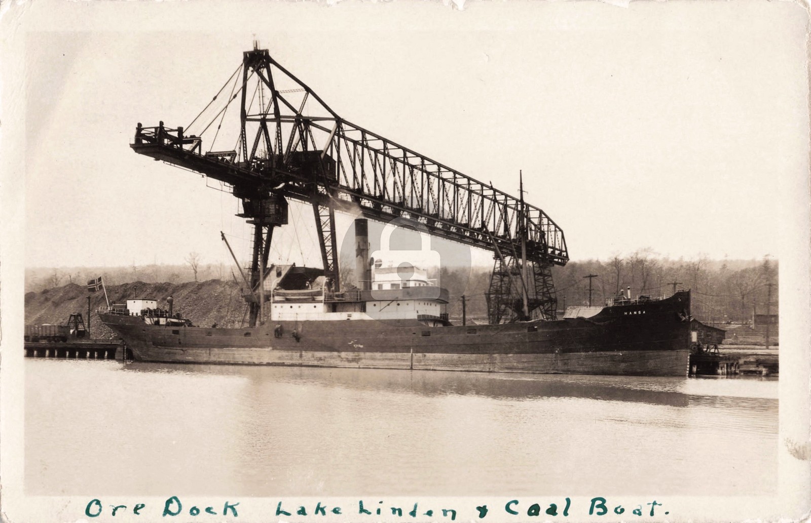 Ore Dock Lake Linden & Coal Boat MI Michigan 1924 RPPC Photo Postcard COPY