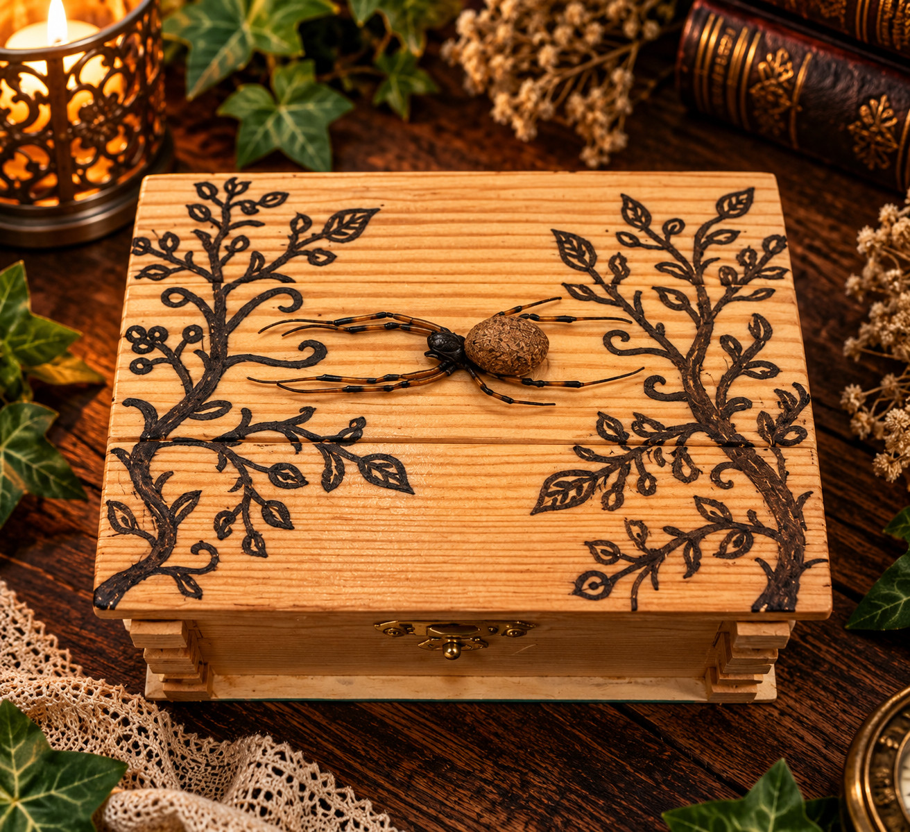 Real Preserved Spider Wooden Keepsake Box – OOAK Botanical Curiosity Decor
