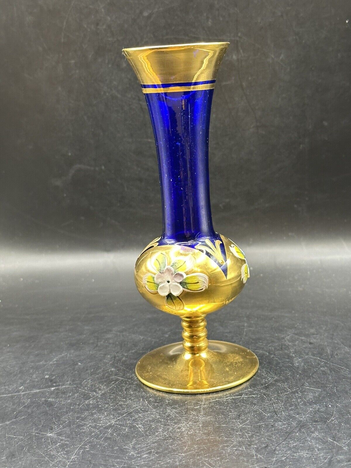 Bohemian Cobalt Blue Glass Vase with Enameled Flowers And Gold Accents Vintage