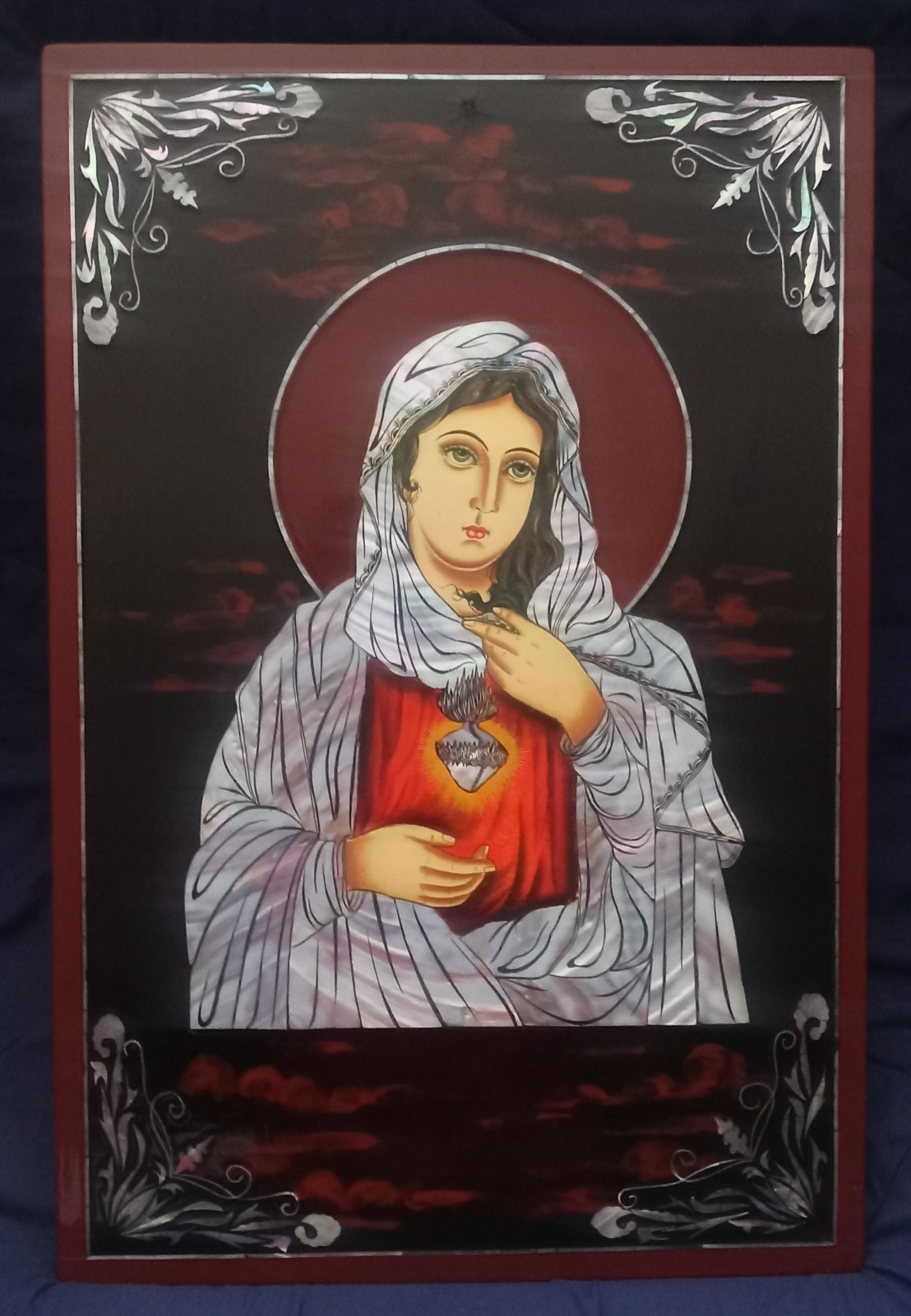 Rare Lg. VTG Mother-of-Pearl Inlaid Christian Art Sacred Heart Virgin Mary -23\