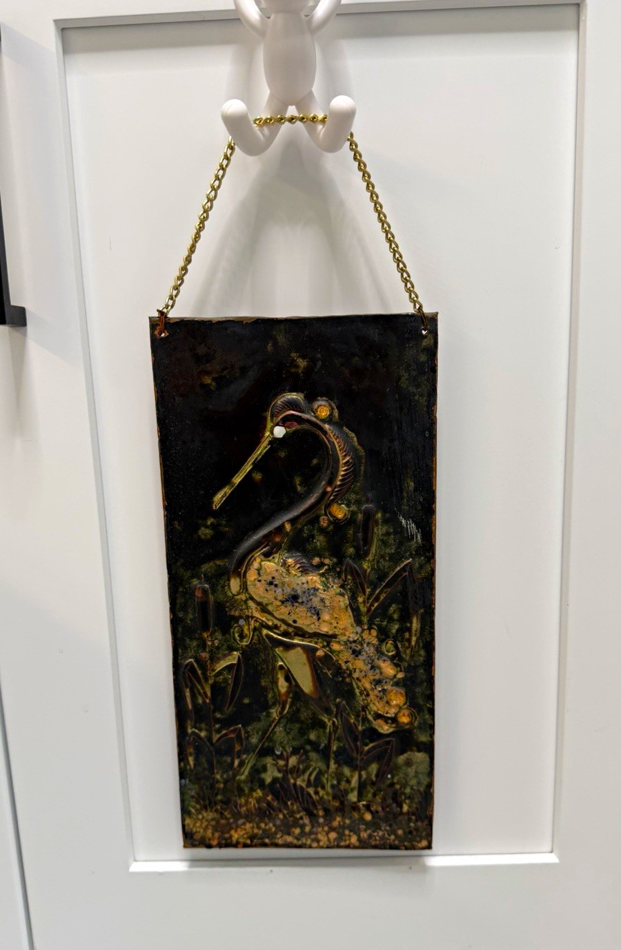 Vtg Mid Century Modern Enamel on Copper Wall Plaque Crane Heron Bird Reeds MCM