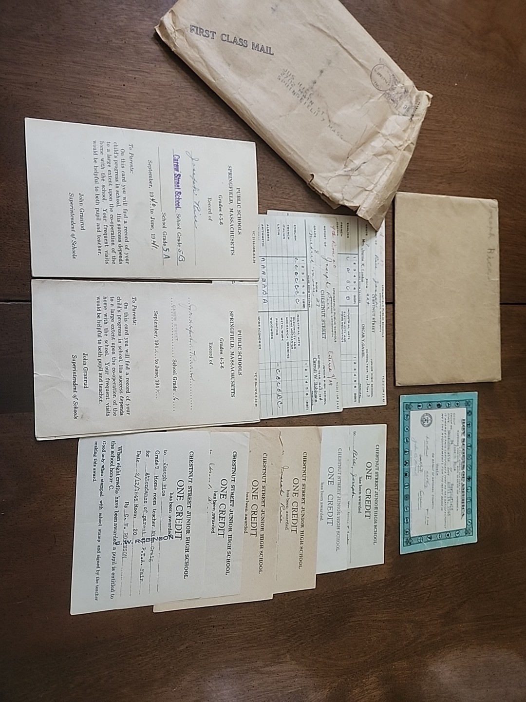 1940s Springfield MA School Report Cards + Credit Slips + 1944 Boy Scout Merit B