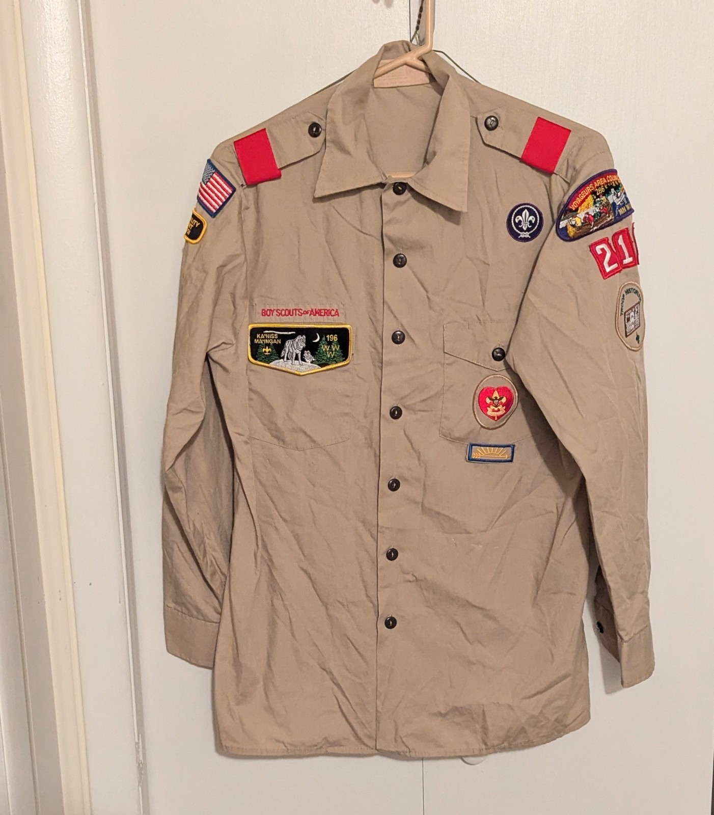 Boy Scouts Of America Uniform Shirt Mens Size M Beige Button Up Patches