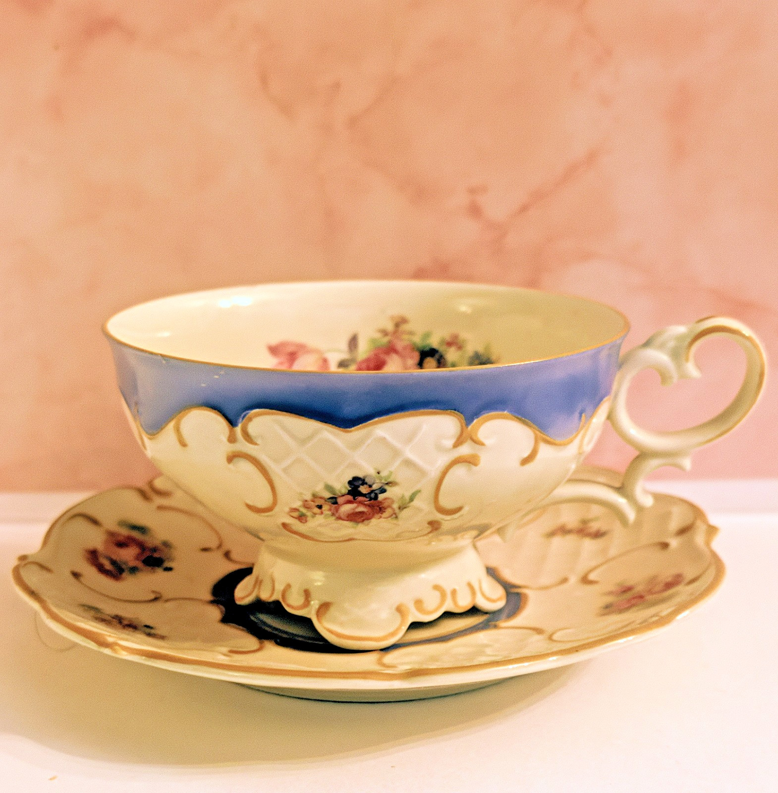 Antique MZ Austria Footed Cup Saucer Set Moritz Zdekauer Blue Pink 1884-1909