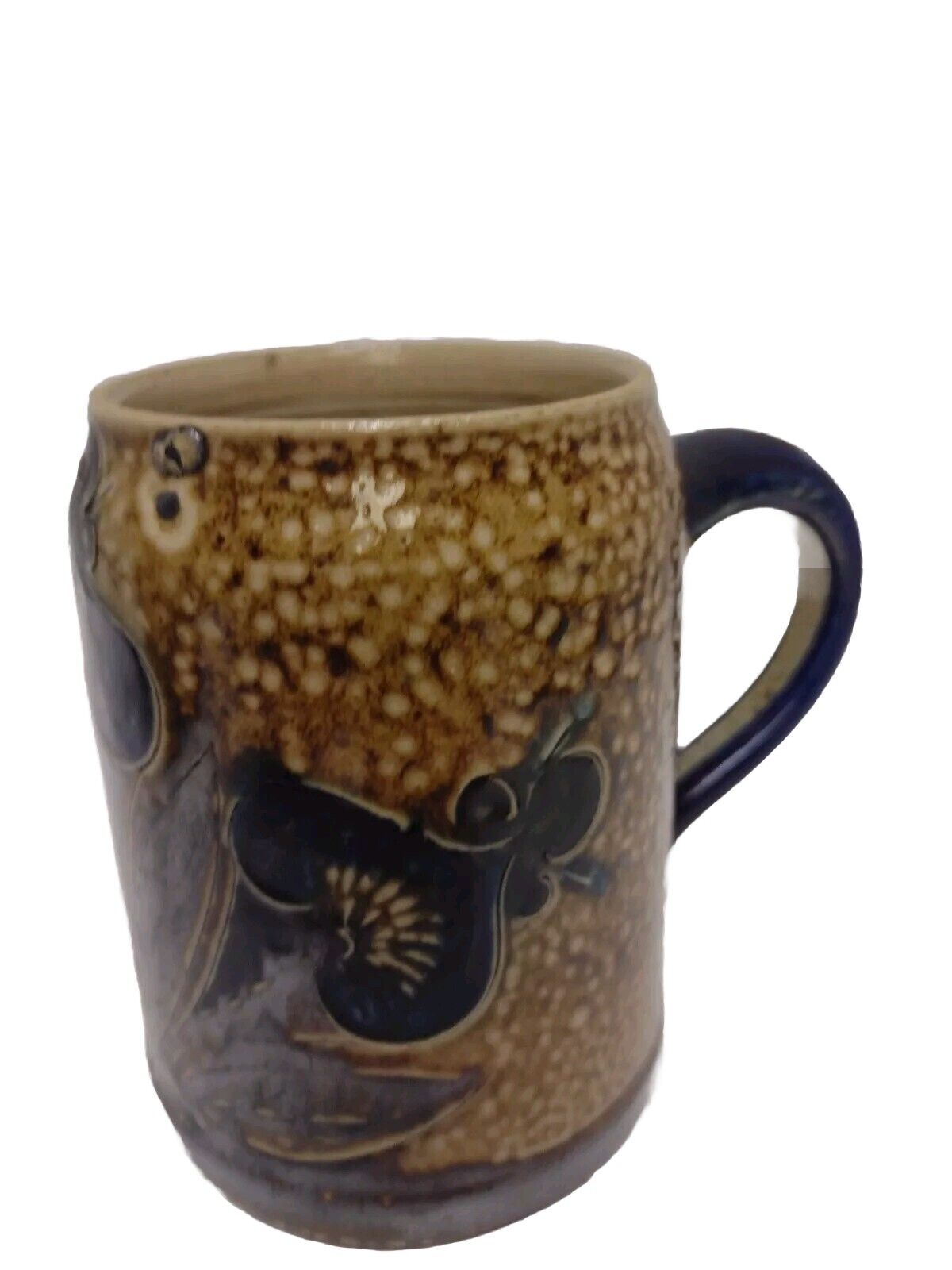 Signed Stonewear Pottery Coffee Beer Mug Art Ceramic Flowers Blue Ace Of Spade 