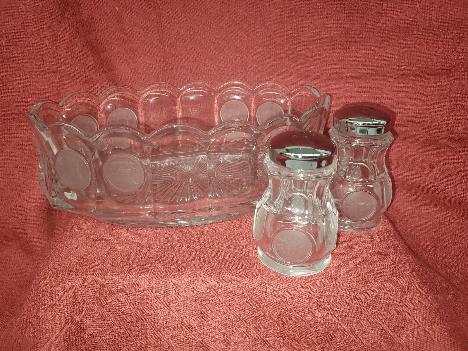 Fostoria Coin Glass Oval Bowl With Matching Salt Pepper Shakers Fostoria Coin Glass Oval Bowl With Matching Salt Pepper Shakers