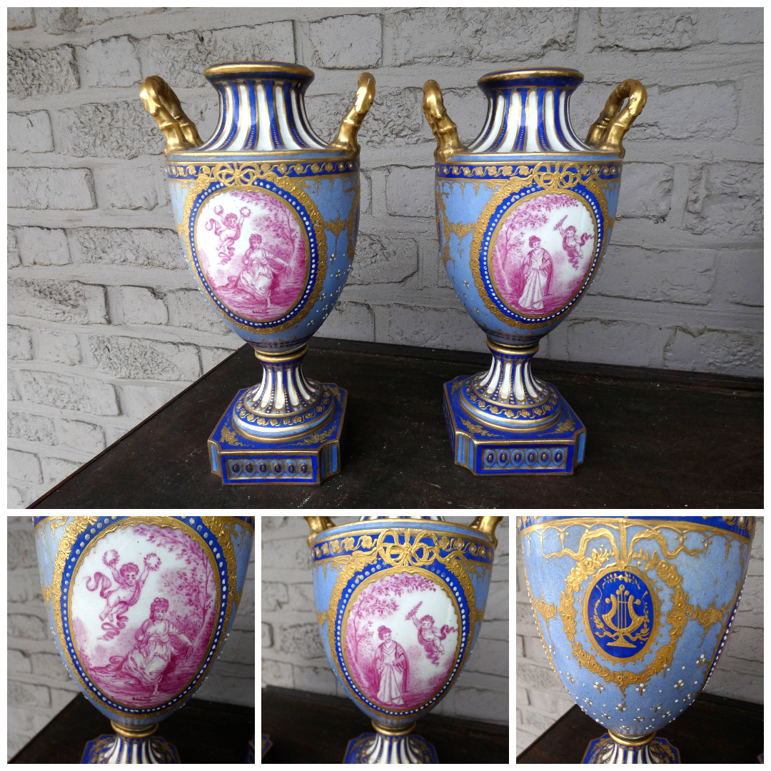 Pair french antique porcelain hand paint putti landscape vases sevres style
