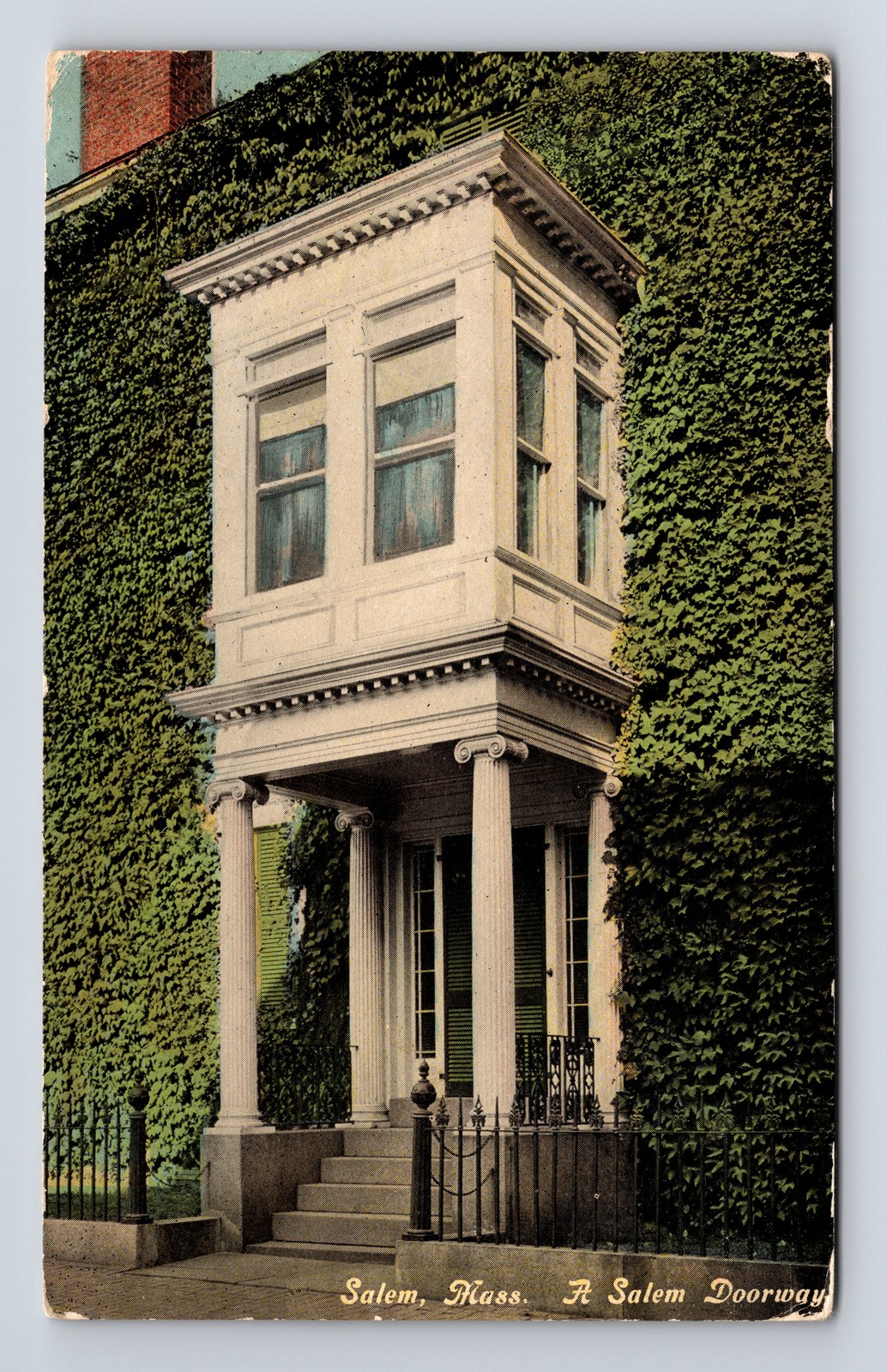 c1907 A Salem Doorway Ivy Covered Greek Ionic Columns Salem Mass MA Postcard