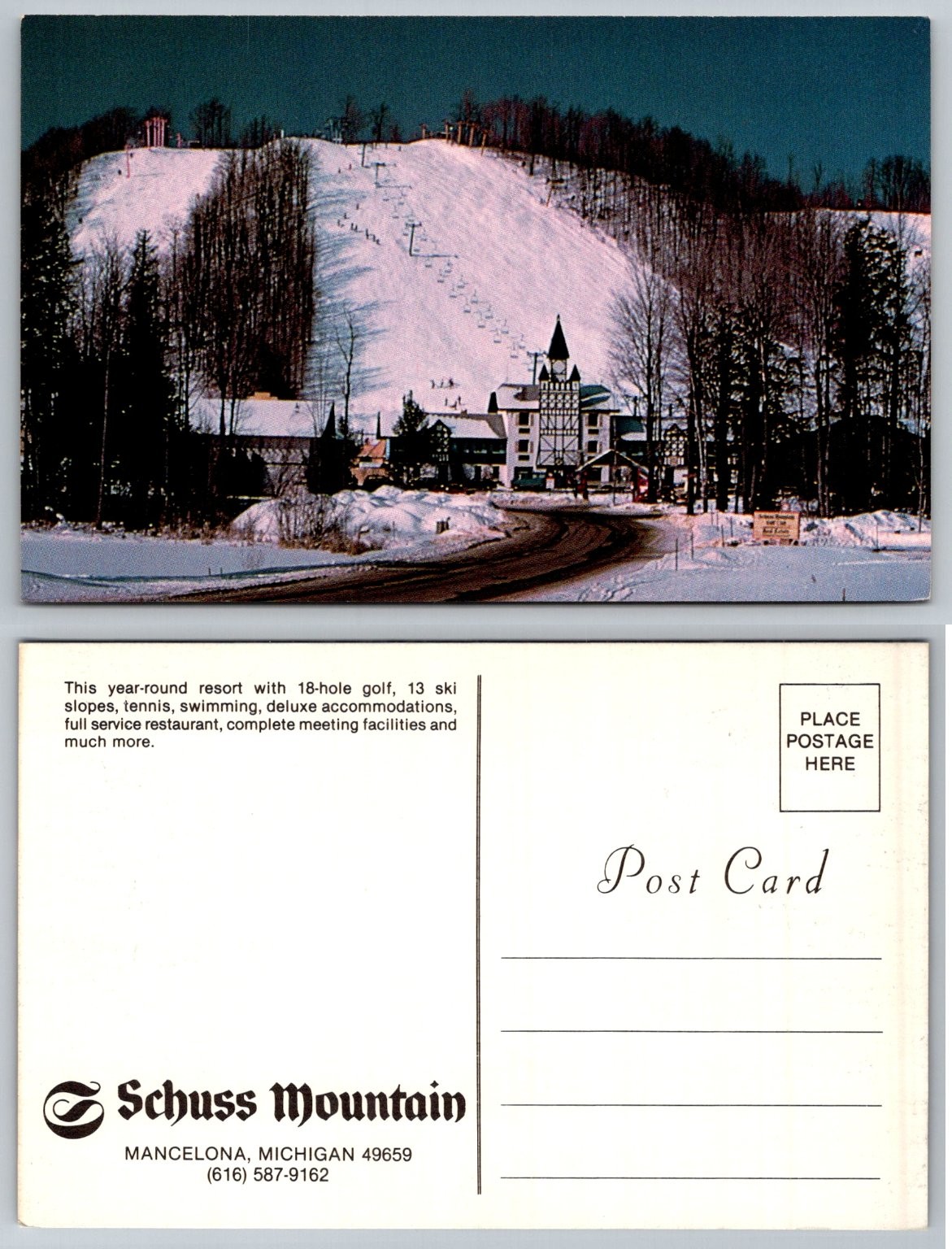 Schuss Mountain Ski Resort Mancelona Michigan Vintage Postcard Lodge Slopes Schuss Mountain Ski Resort Mancelona Michigan Vintage Postcard Lodge Slopes
