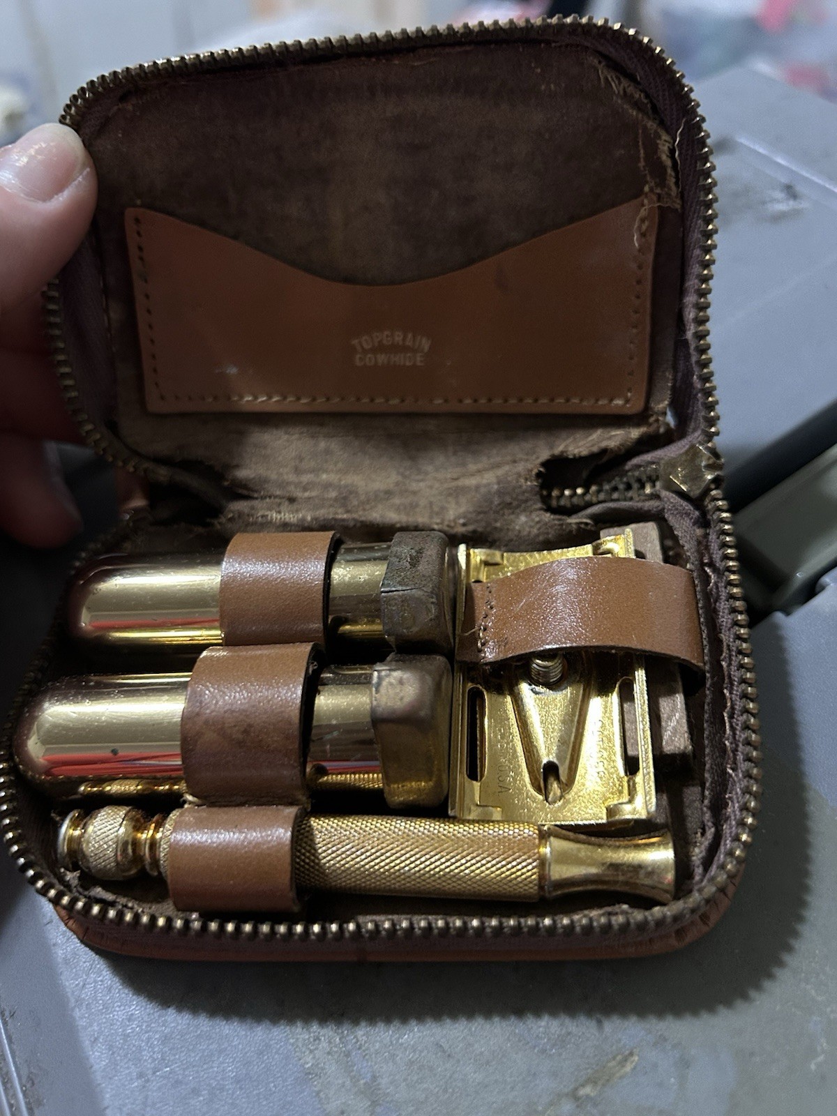 c 1950s Naylon by La Cross Golden Brass Razor Shaving Kit Set With Case - USA