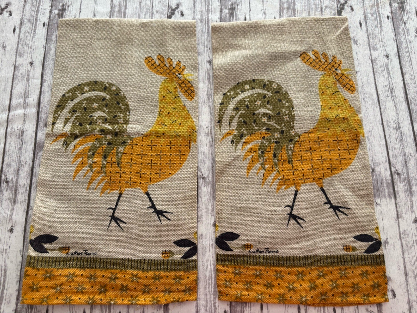 NEW Vintage MCM 60s Linen Tea Kitchen Towels Rooster Chicken PAIR