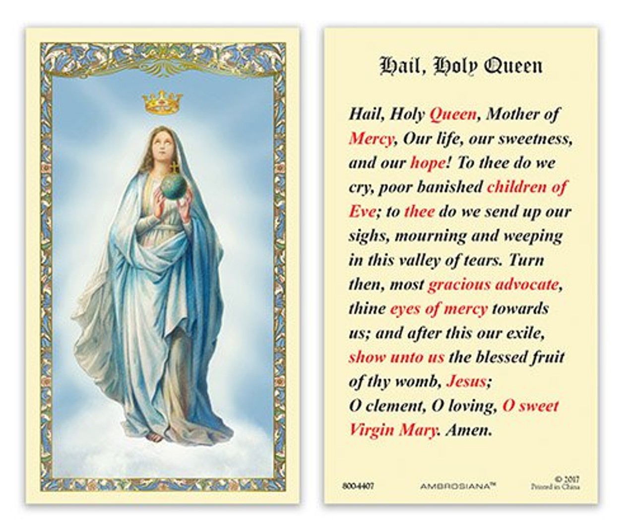 Hail Holy Queen Laminated Holy Card Catholic Fatih Mother of Jesus