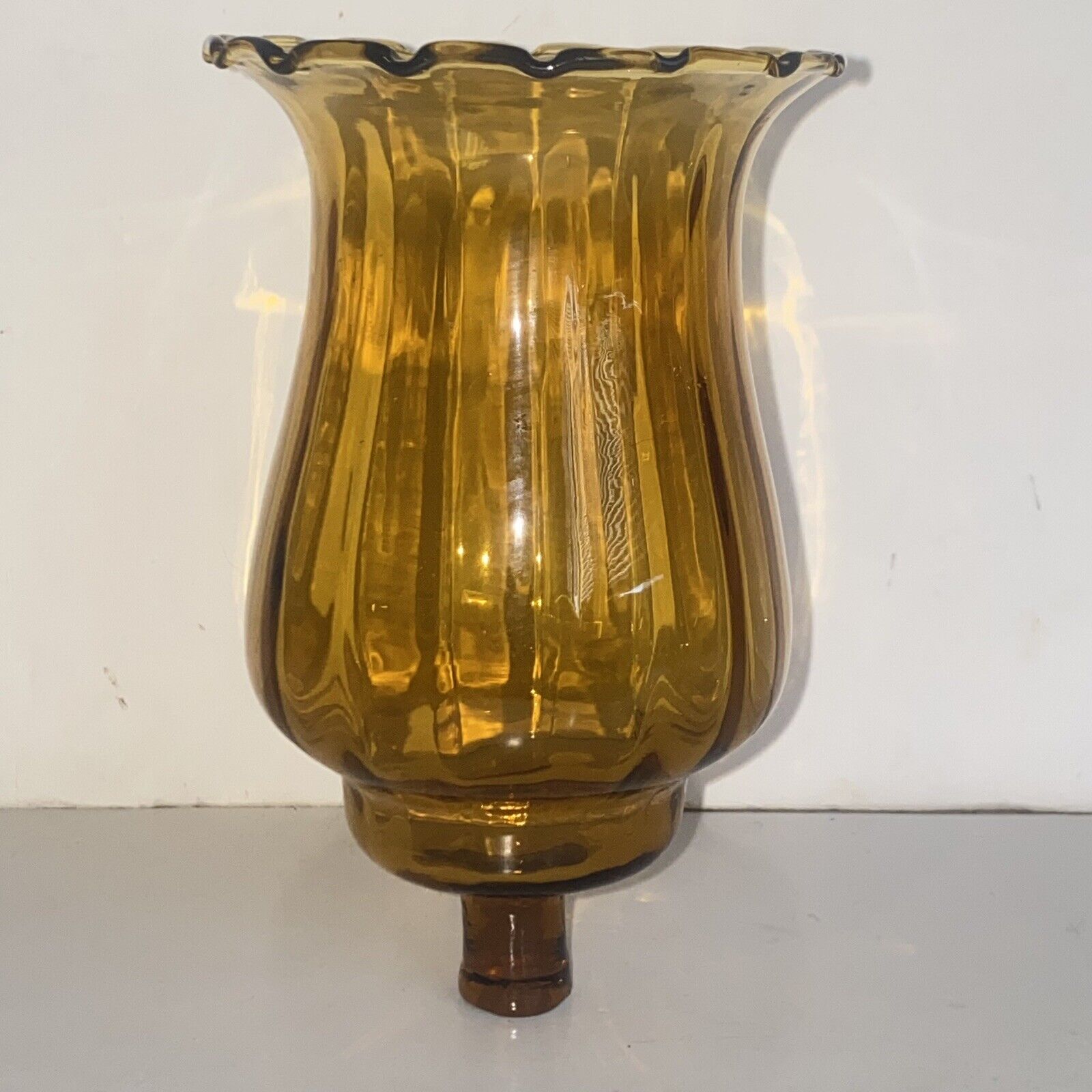Vintage Crimped Ruffled Rim Amber Glass Votive Peg Candle Holder