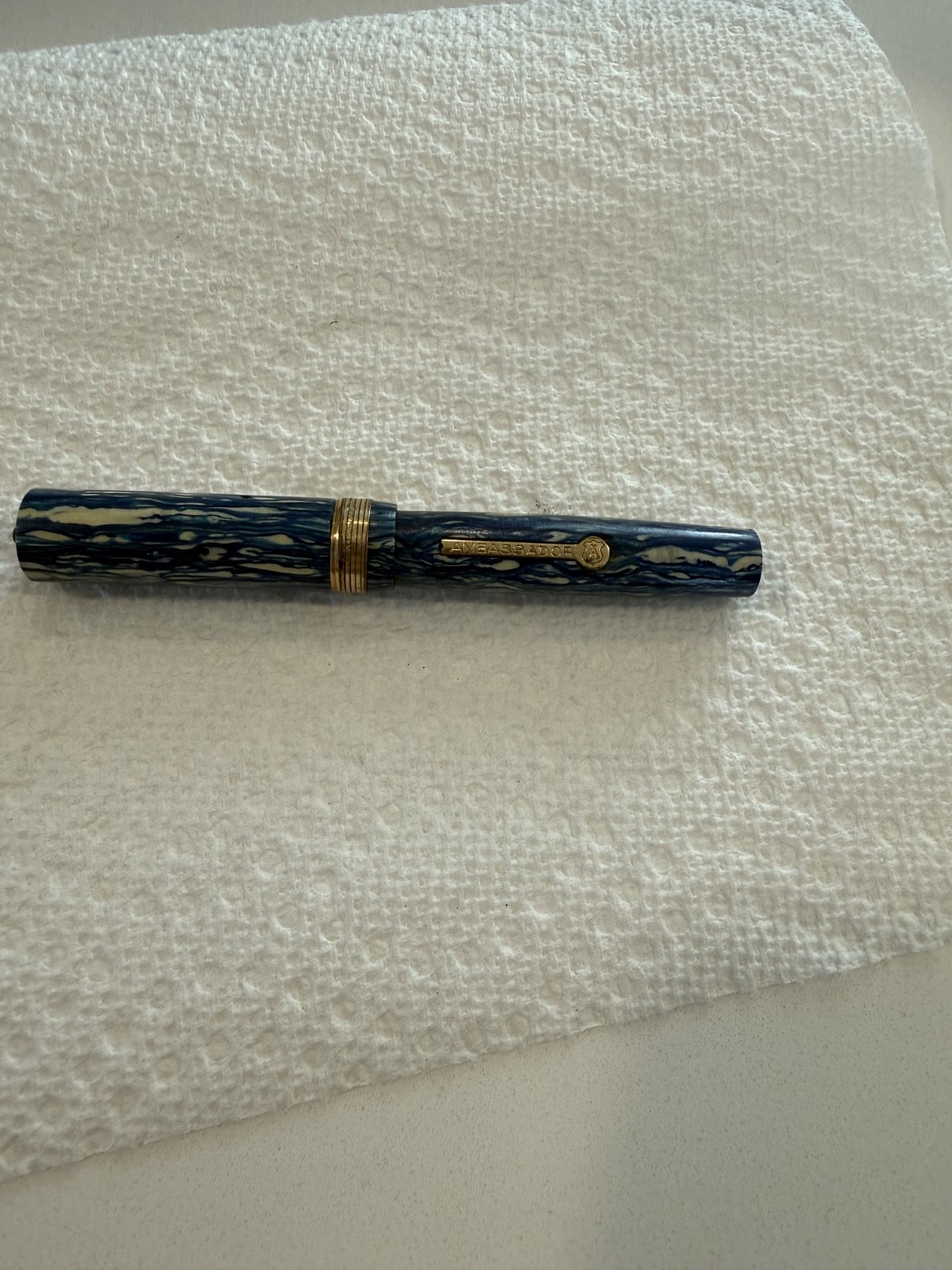 Vintage Ambassador blue/White Streaks Ringtop Fountain Pen, 14k Nib, Working