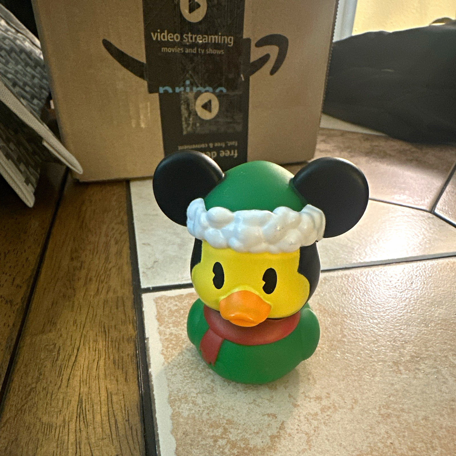 Disney Mickey Mouse Holiday Duck Figurine Green Santa Hat & Scarf