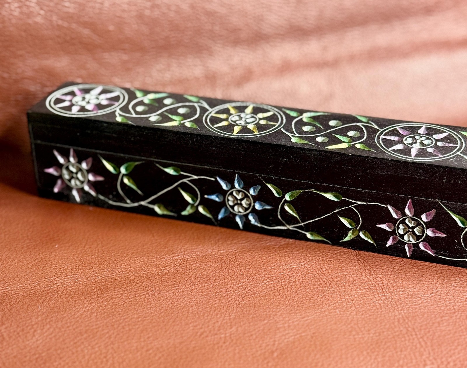 Engraved Floral Coffin Incense Holder | 10.5-Inch Soapstone Burner