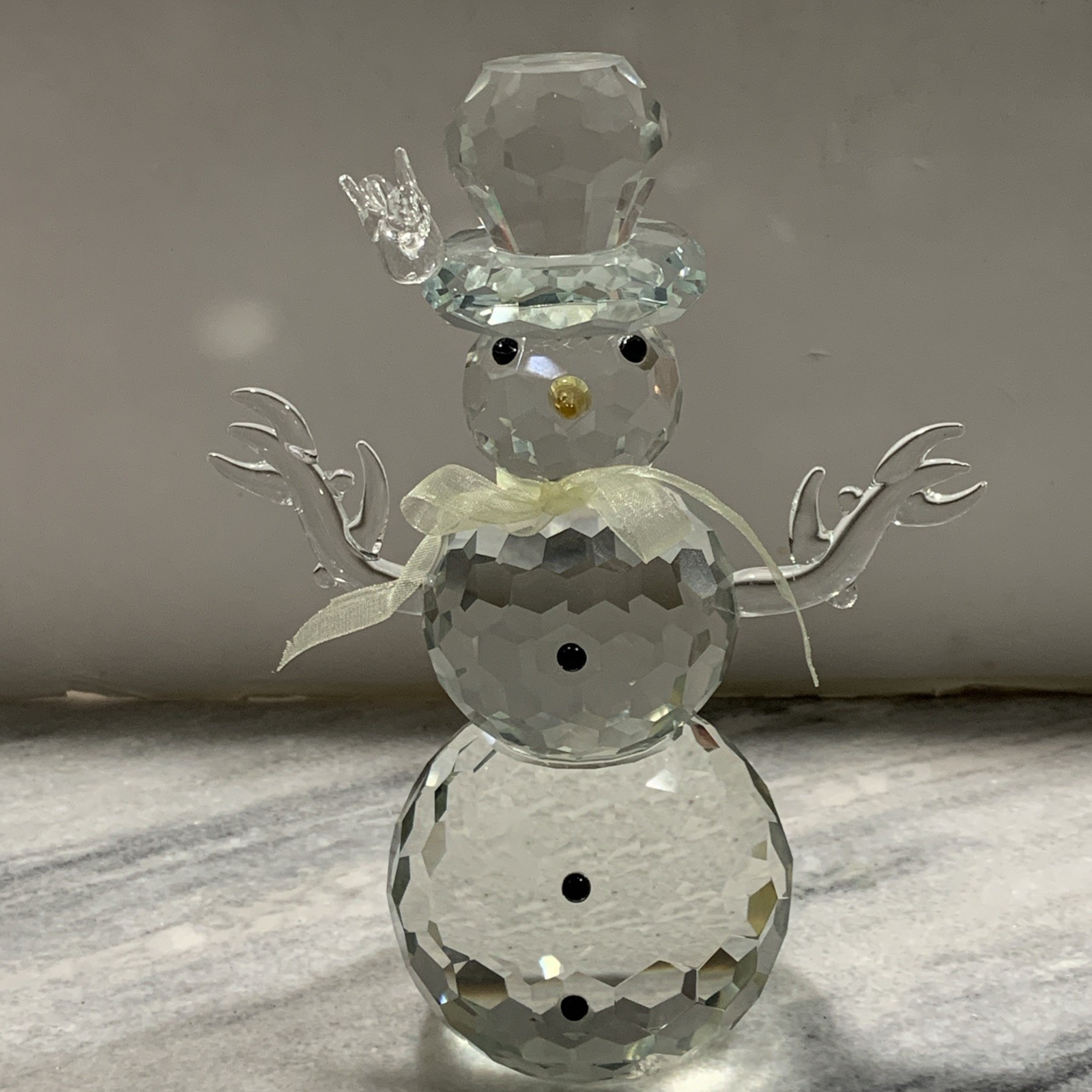 Snowman Free Standing Faceted Glass With Hat With Bow 8”T x 6” W Arms Included Snowman Free Standing Faceted Glass With Hat With Bow 8”T x 6” W Arms Included