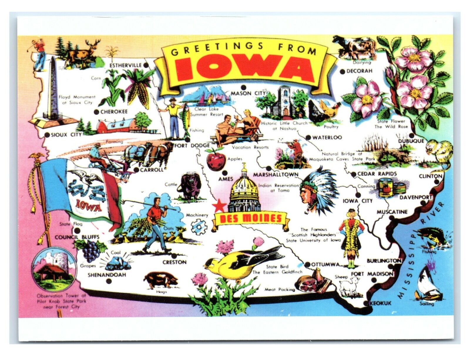 Postcard Greetings from Iowa IA map K23