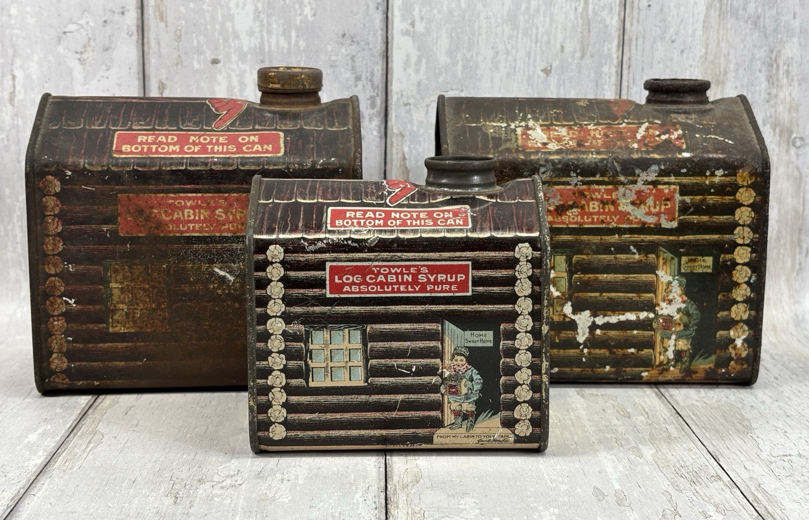 Antique 1914-1920s Towle’s Log Cabin Syrup Tins Lot of 3 Advertising Cans