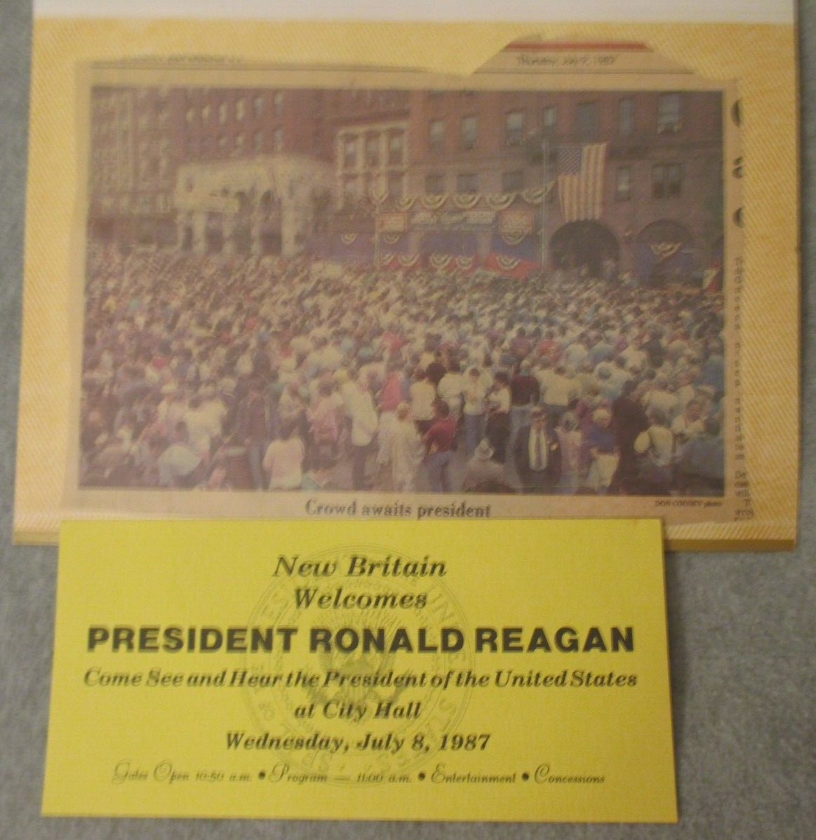 July 8, 1987  RONALD REAGAN PRESIDENT NEW BRITAIN CT - PHOTOGRAPHs & Card & News