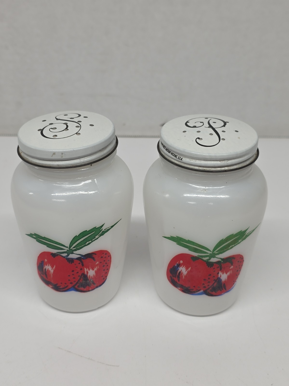 Vtg 1953 Anchor Hocking Fire King Apple Salt & Pepper Range Shakers Milk Glass