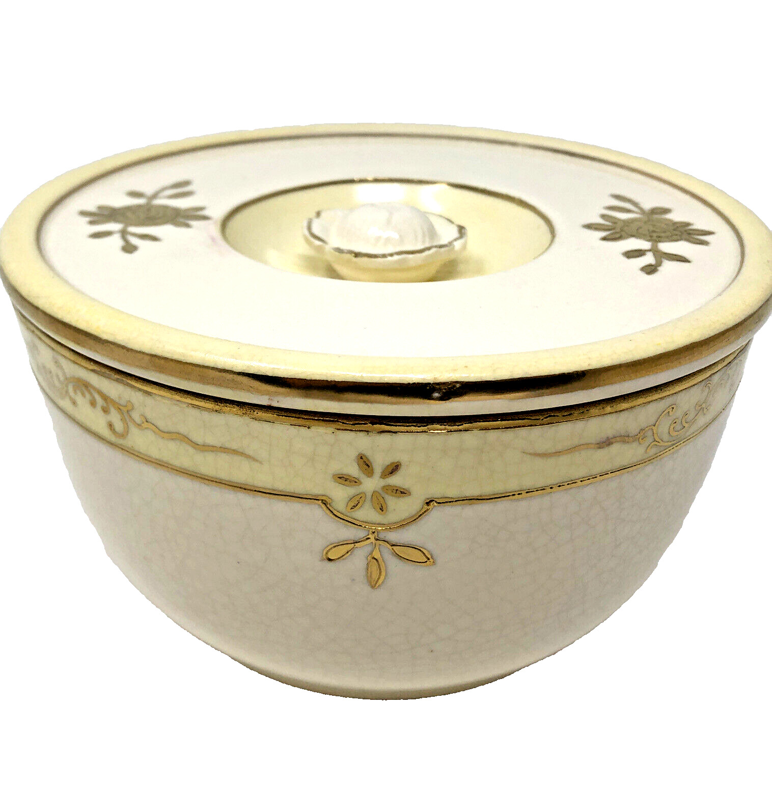 VTG Porcelain Vanity Dish w/Lid Gilded Rose Dresser Jar Ivory Gold Trinket Japan