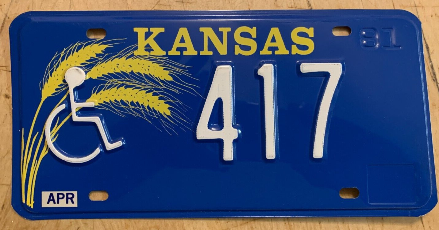 KANSAS 1981 DISABLED PERSON HANDICAPPED AUTO LICENSE PLATE \