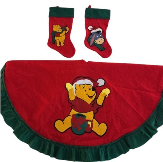 VTG Disney Winnie the Pooh Felt Christmas Tree Skirt Stockings Set 3 Piece